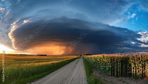 Massive Supercell Thunderstorm Over Dirt Road and Green Fields at Sunset