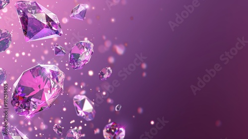Assorted sparkling diamons gemstones on a gradient purple background.