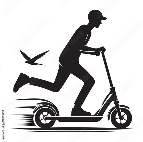 Two wheeled vehicles and riders icon, black color silhouette, white background.