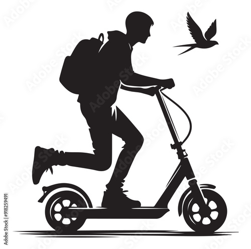 Two wheeled vehicles and riders icon, black color silhouette, white background.