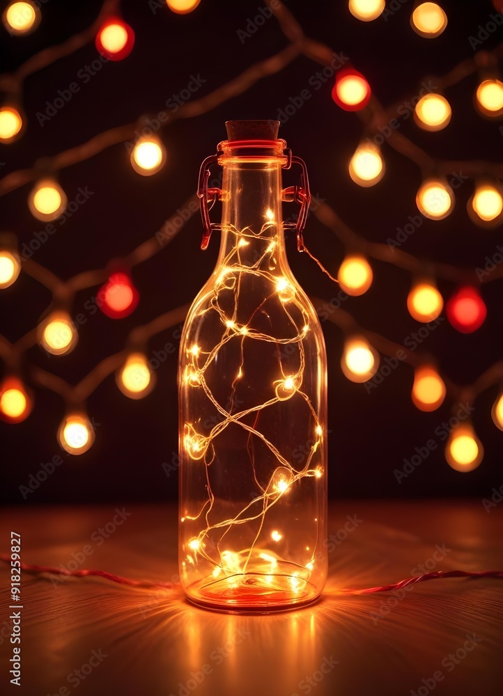 Colorful glass bottle filled with string lights, creating a vibrant and whimsical visual effect against a dark background Colorful glass bottle filled with string lights, creating a vibrant and whimsical visual effect against a dark background