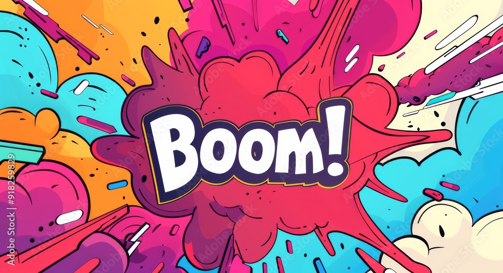 Fototapeta premium Vibrant comic book style explosion with ‘Boom!’ text, illustration banner for announcing crazy promotions.