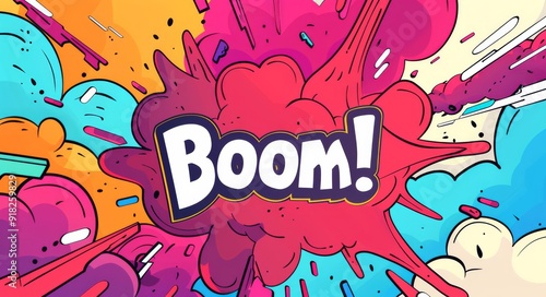 Vibrant comic book style explosion with ‘Boom!’ text, illustration banner for announcing crazy promotions.