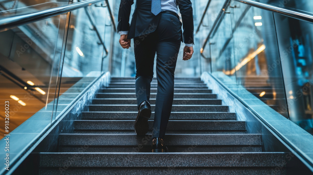 Business professional ascending a staircase. Business professional ascending a staircase.