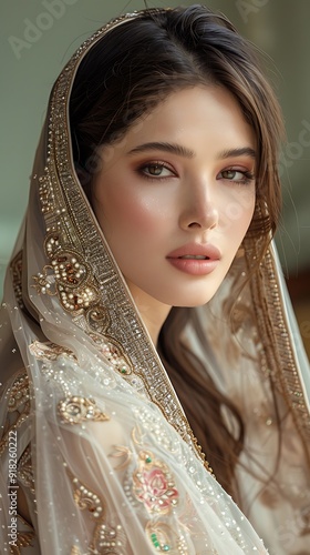 Elegant Bride Portrait with Golden Embroidered Veil photo