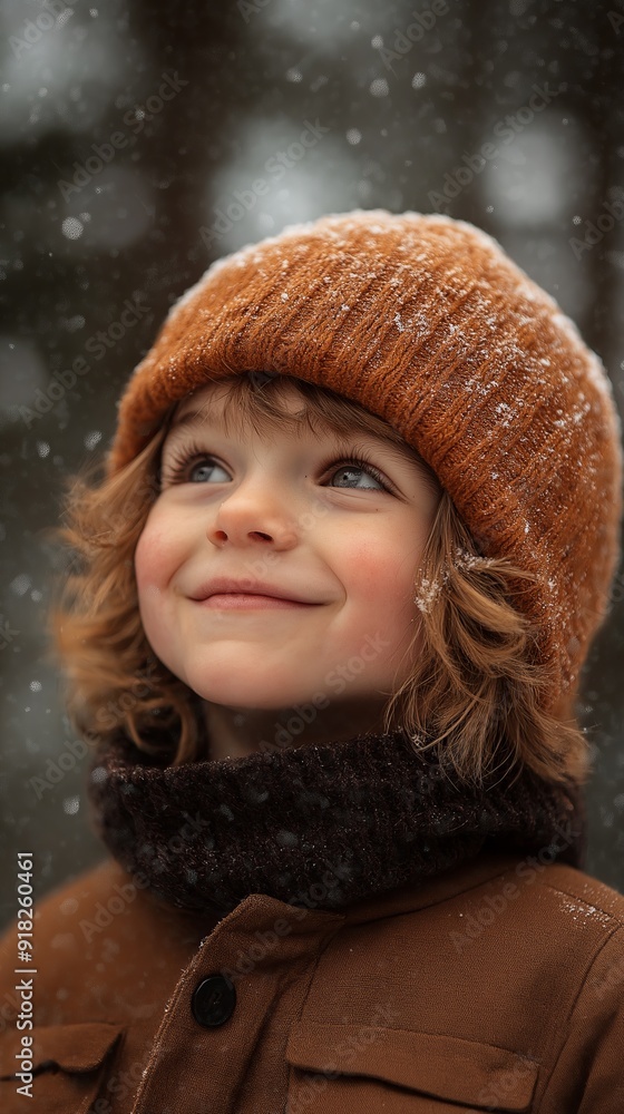 A joyful young boy, dressed warmly, looks up with a smile as snowflakes gently fall around him in a winter landscape. A joyful young boy, dressed warmly, looks up with a smile as snowflakes gently fall around him in a winter landscape.