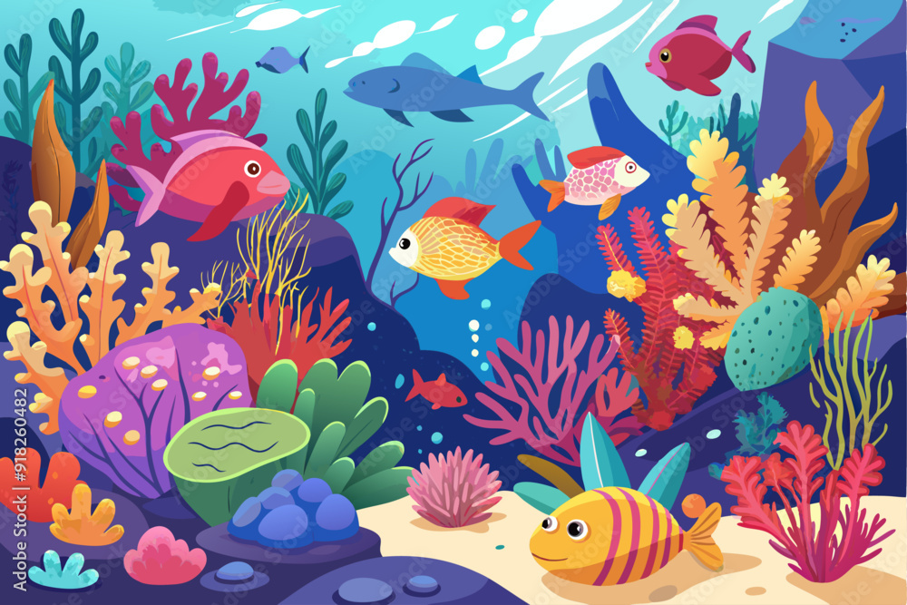 Obraz premium Vibrant Underwater Scene with Colorful Fish and Coral Reefs