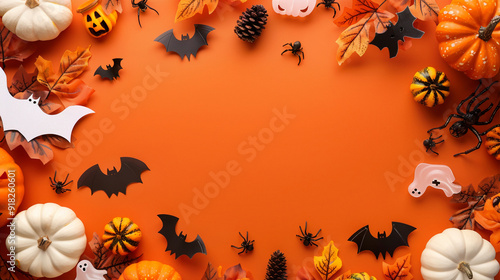 Halloween_frame_with_party_decorations_of_pumpkins_bat