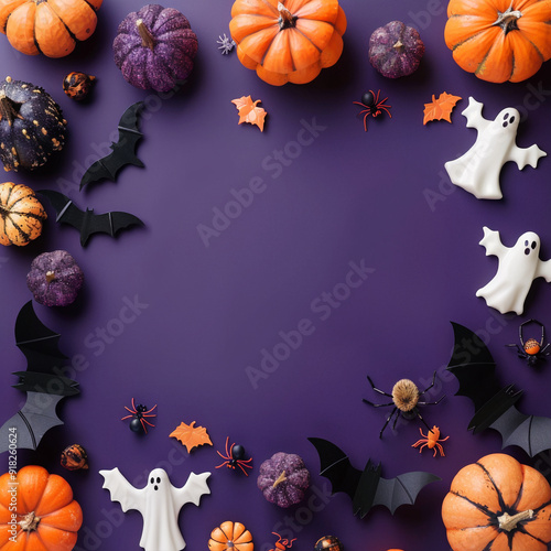 Halloween_frame_with_party_decorations_of_pumpkins_bat