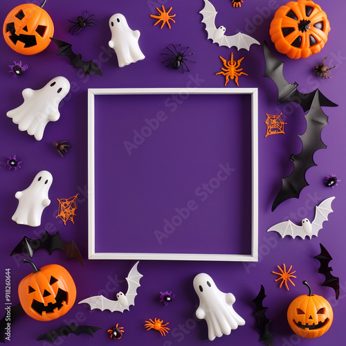 Halloween_frame_with_party_decorations_of_pumpkins_bat