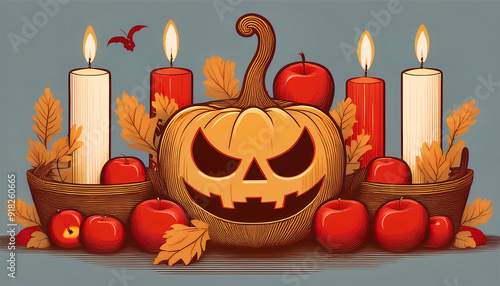 Halloween_frame_with_party_decorations_of_pumpkins_bat