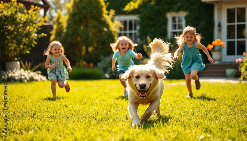 children are chasing the Happy golden retriever running in the garden of the house
children are chasing the Happy golden retriever running in the garden of the house