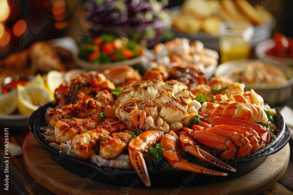 Appetizing arrangement of cooked seafood on a platter, perfect for culinary themes Appetizing arrangement of cooked seafood on a platter, perfect for culinary themes