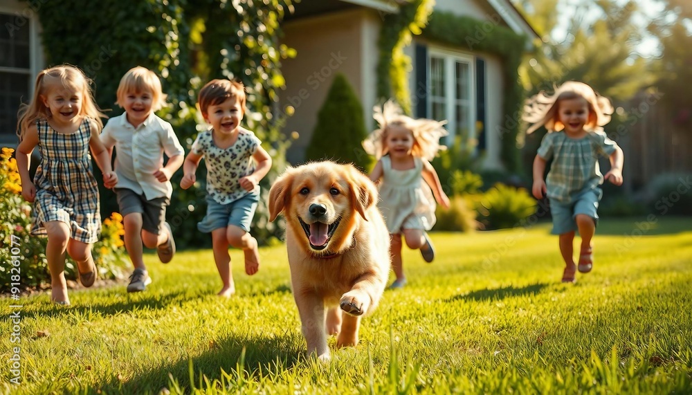 children are chasing the Happy golden retriever running in the garden of the house
children are chasing the Happy golden retriever running in the garden of the house