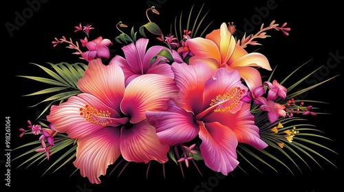   A black canvas adorned with pink and yellow blooms surrounded by palm fronds at the base photo