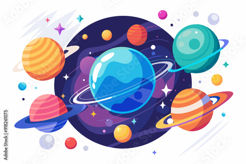 Colorful Planets with Rings and Stars in Space