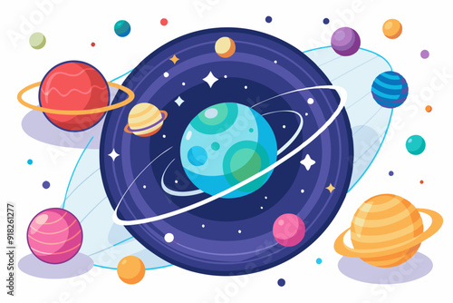 Colorful Planets and Stars in a Galaxy