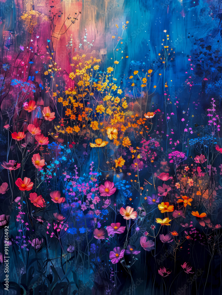 Abstract image featuring a field of colorful flowers growing against a dark background with vibrant colors Abstract image featuring a field of colorful flowers growing against a dark background with vibrant colors