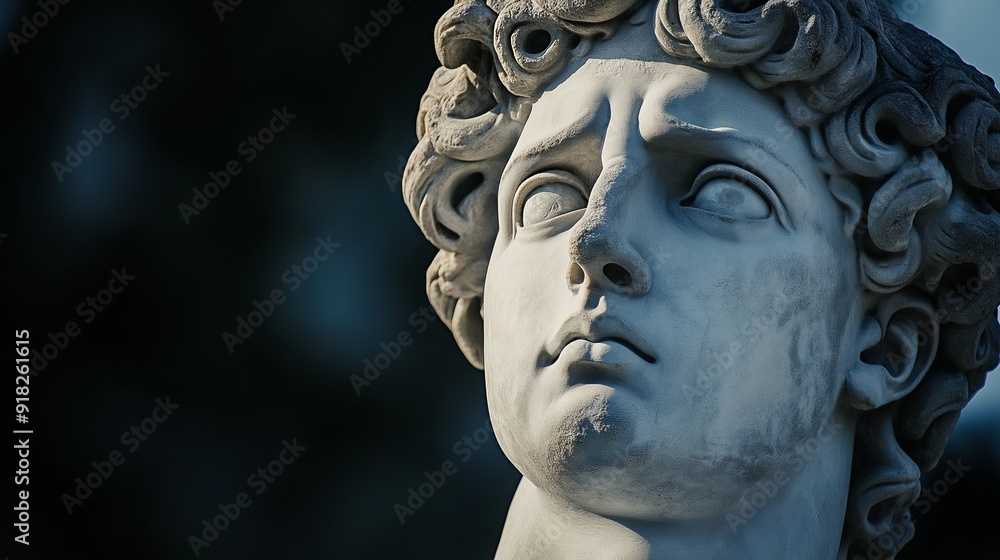 A detailed view of a Greek statue with curly hair, looking thoughtfully into the distance against a soft background. A detailed view of a Greek statue with curly hair, looking thoughtfully into the distance against a soft background.