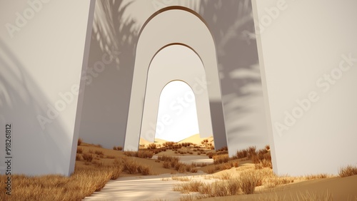 3d render of surreal landscape with round podium in grass and sand. Podium, display on the background of architectural structures and arches. Fantasy world, futuristic fantasy image. photo