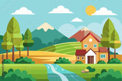 A Sunny Day in a Rural Landscape with a House and River