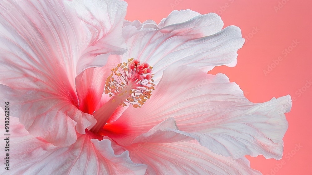 A close-up of a white and pink flower with a red stamen in its center A close-up of a white and pink flower with a red stamen in its center