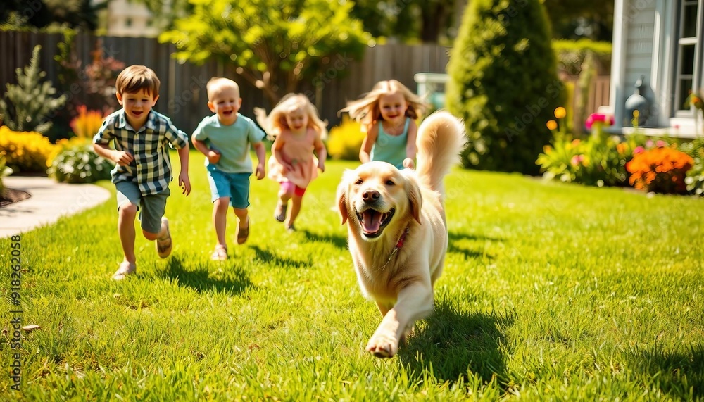 children are chasing the Happy golden retriever running in the garden of the house
children are chasing the Happy golden retriever running in the garden of the house