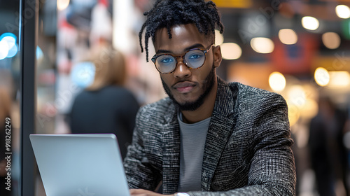 Young man with dreadlocks and glasses working on a laptop in a stylish outfit, sitting in a modern cafe with blurred background lights, symbolizing urban lifestyle and digital work.