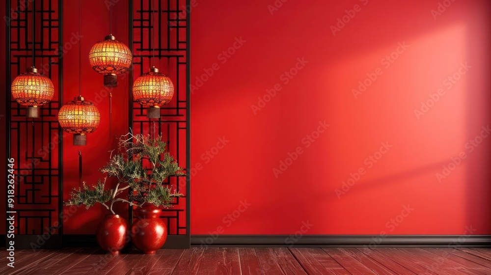 depicts an Asian-inspired interior design with a rich red wall, wooden flooring, depicts an Asian-inspired interior design with a rich red wall, wooden flooring,