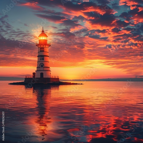 Tranquil Lighthouse At Sunset With Vibrant Red Sky And Silky Water Reflection