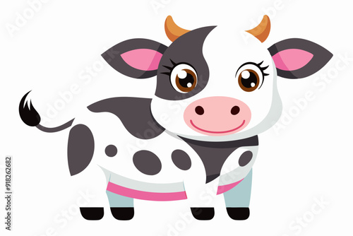 Cartoon Illustration of a Smiling Black and White Cow with Pink Accents