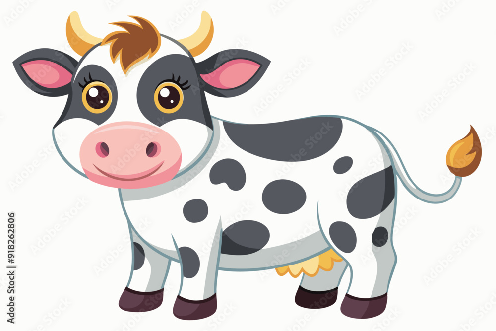 Cartoon illustration of a black and white cow with pink ears Cartoon illustration of a black and white cow with pink ears