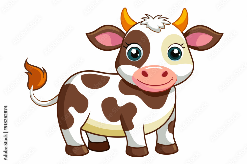 Cartoon Illustration of a Brown and White Spotted Cow with Orange Horns Cartoon Illustration of a Brown and White Spotted Cow with Orange Horns