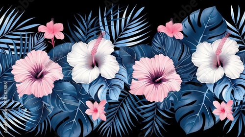  A palette of pink and white blossoms against a dark canvas, adorned with palm fronds and blue and pink flora