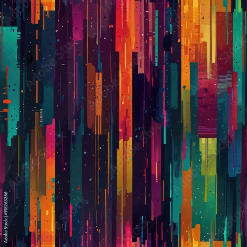 A background that mimics the look of a digital glitch with fragmented patterns and bold colors.