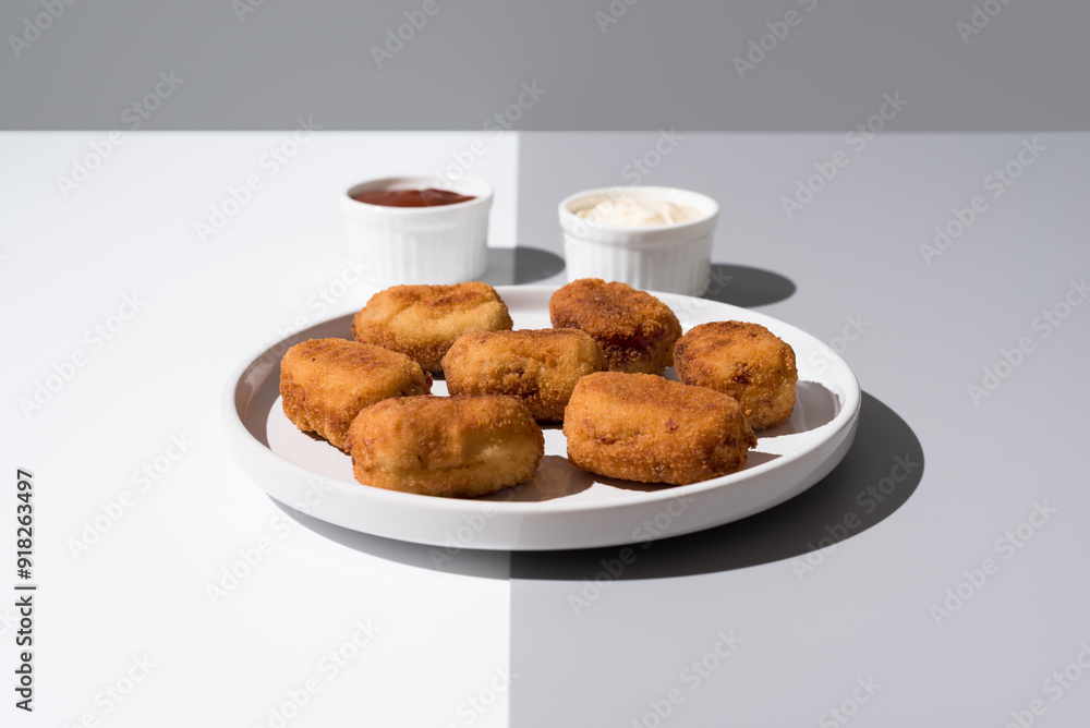 Plato de croquetas fritas con salsa de tomate y mayonesa aperitivo sobre fondo gris Plato de croquetas fritas con salsa de tomate y mayonesa aperitivo sobre fondo gris