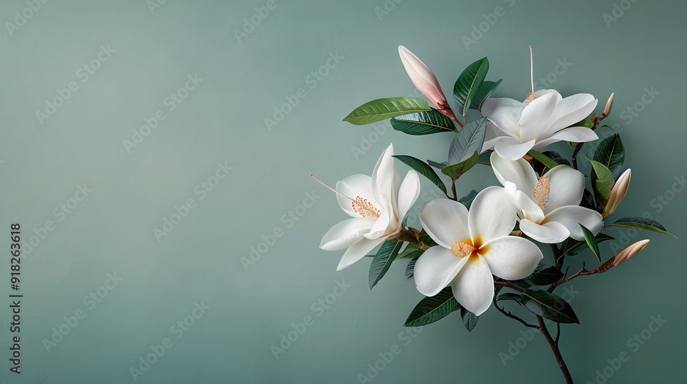A white-flower bouquet against a green backdrop, featuring space for text at the base of the image A white-flower bouquet against a green backdrop, featuring space for text at the base of the image