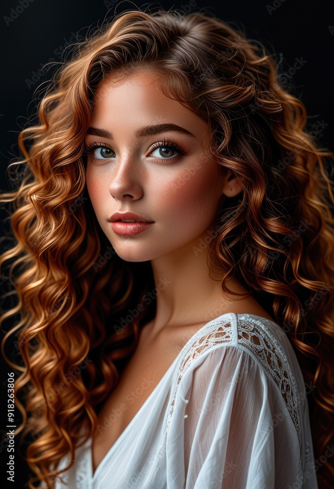 Fototapeta premium a close-up portrait of a young beautiful girl with curly red hair.