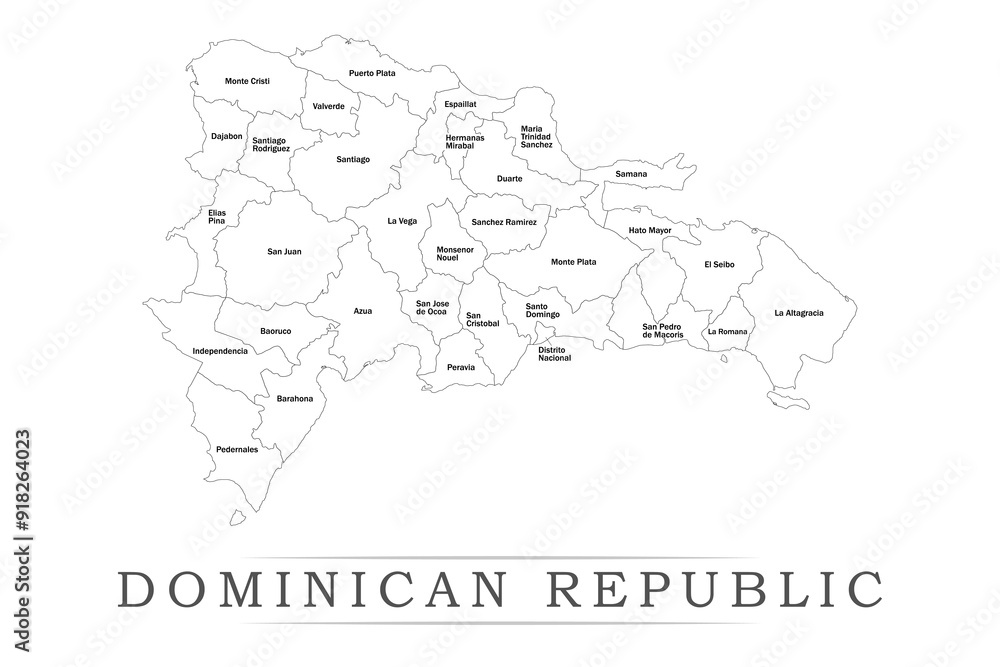 Fototapeta premium Administrative regions of Dominican Republic. Province, state, division name with white map with black outline. Vector illustration