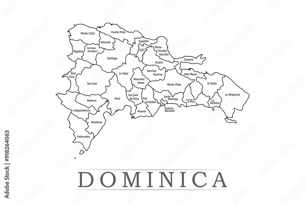 Administrative regions of Dominica. Province, state, division name with white map with black outline. Vector illustration Administrative regions of Dominica. Province, state, division name with white map with black outline. Vector illustration