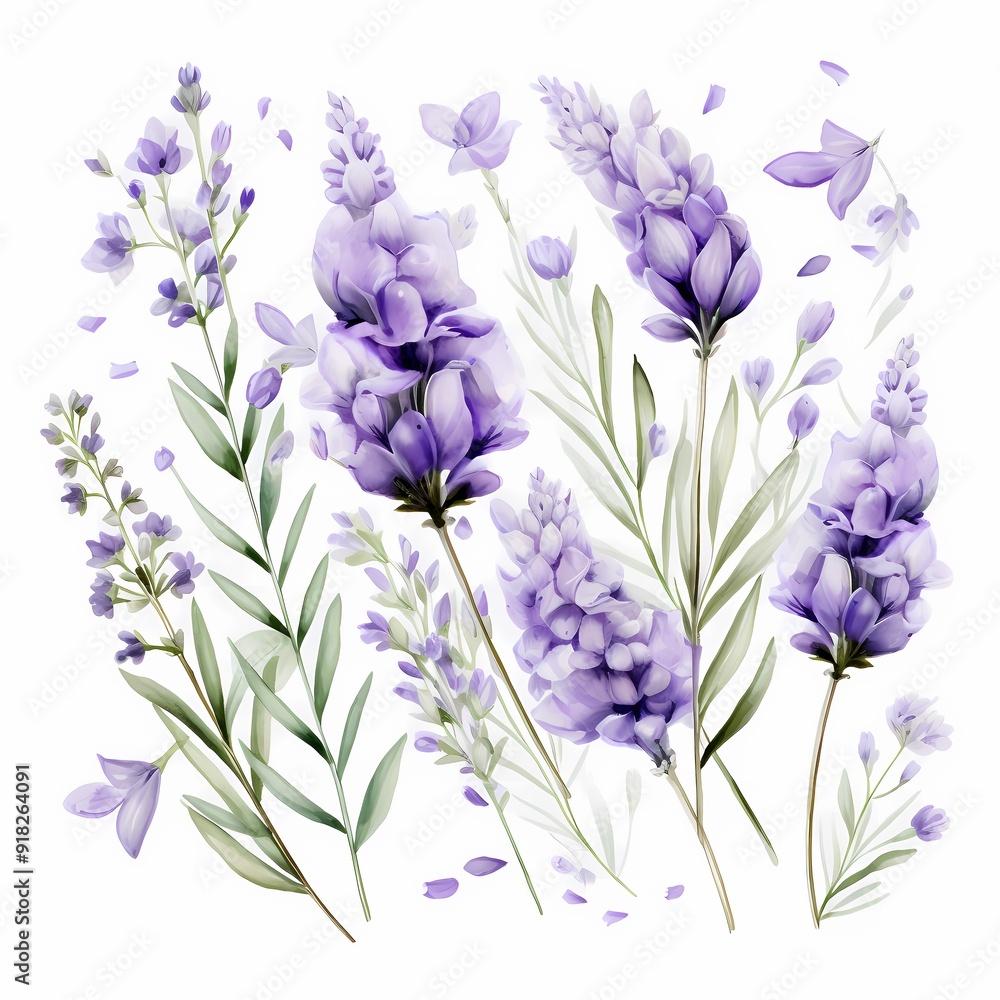 Obraz premium Delicate watercolor flowers and leaves in shades of purple and green.