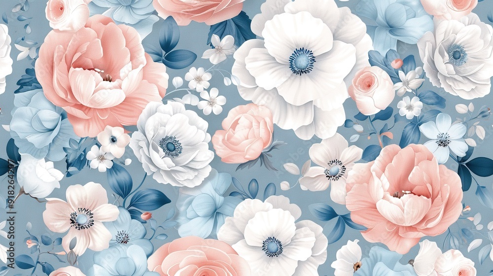A blue and white floral wallpaper with pink, white, and blue flowers on a light blue background can be optimized to read more clearly as Blue and white floral design featuring pink A blue and white floral wallpaper with pink, white, and blue flowers on a light blue background can be optimized to read more clearly as Blue and white floral design featuring pink