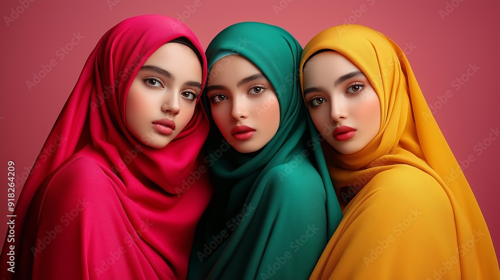 Three young women wearing bright hijabs exude positivity and confidence, posing together with warm smiles. Three young women wearing bright hijabs exude positivity and confidence, posing together with warm smiles.