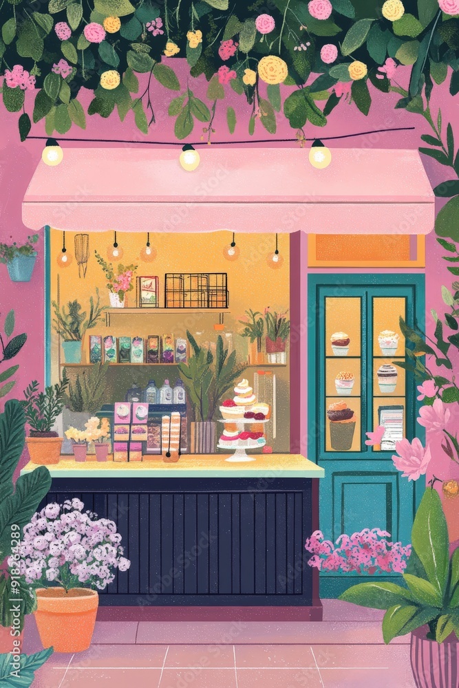 A charming caf? storefront adorned with plants and colorful decor. A charming caf? storefront adorned with plants and colorful decor.