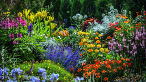 Fototapeta Naklejka Na Ścianę i Meble -  A beautiful, colorful flower garden in full bloom with a variety of flowers and greenery