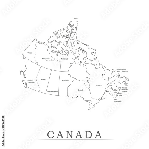 Administrative regions of Canada. Province, state, division name with white map with black outline. Vector illustration