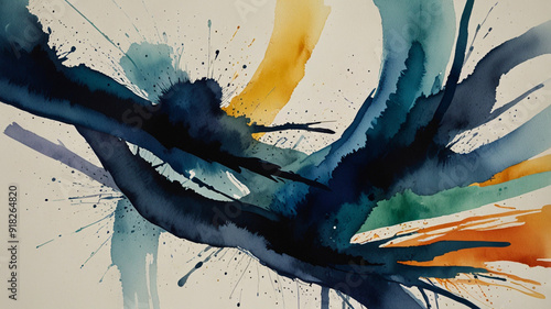 Watercolor Painting: A minimalist abstract painting features a single bold brushstroke, exuding a sense of movement and energy. The unadorned canvas celebrates the raw power of artistic expression