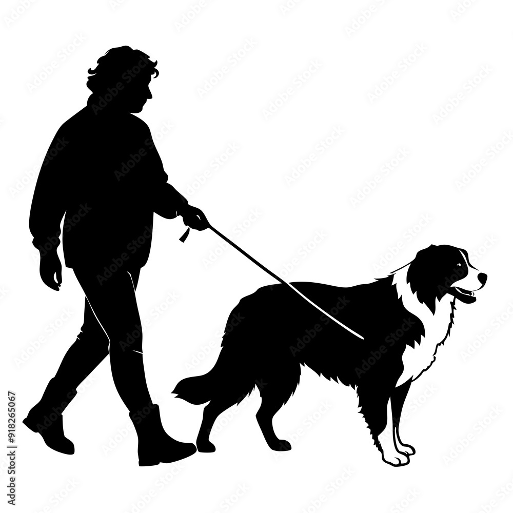Walking beside Berne doodle dog vector silhouette white background Walking beside Berne doodle dog vector silhouette white background