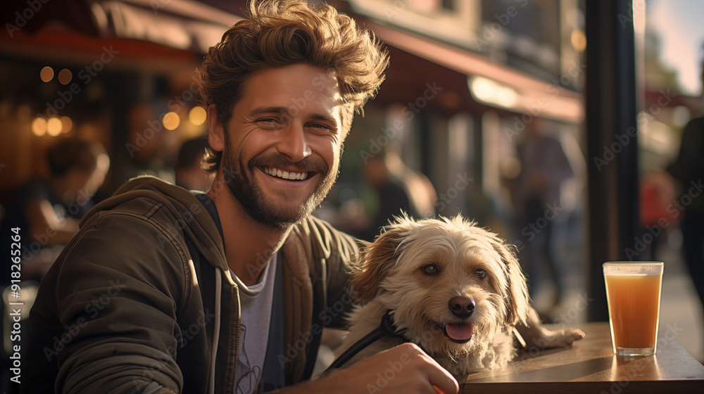 Smiling man with dog at outdoor cafe table enjoying a drink. Smiling man with dog at outdoor cafe table enjoying a drink.