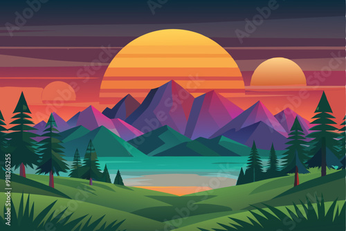 Sunset Over Mountains and a Tranquil Lake